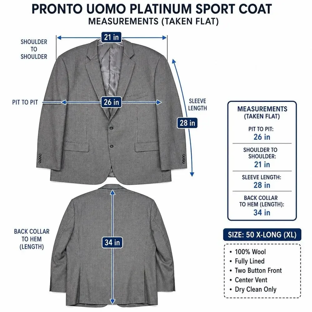 Pronto Uomo Platinum Mens 50 XL Sport Coat Blazer Gray 100% Wool Micro Check